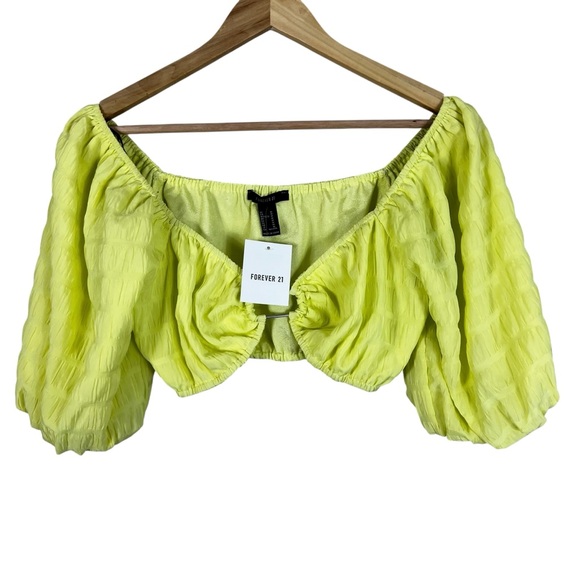 NWT Forever 21 Neon Yellow Puff Sleeve Crop Top - Picture 1 of 4
